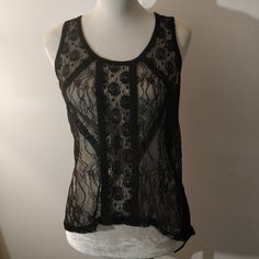 Black See Through Lace (Front) Sleeveless Tank. Longer In The Back. Stretch Black Lace Tank Top, Fitted Black Tank Top With Lace Detail, Stretch Black Tank Top With Lace Detail, Black Stretch Lace Top Tank Top, Black Stretch Lace Tank Top, Fitted Black Lace Tank Top, Black Sleeveless Tank Top For Night Out, Lace Sleeveless Blouse Tank Top For Party, Party Sleeveless Blouse Tank Top With Lace