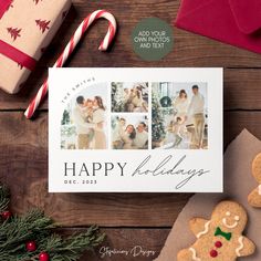 a holiday card with gingerbreads, cookies and candy cane on a wooden table