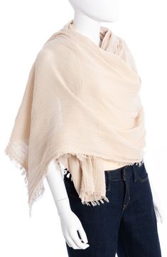 Love to layer this all-cotton gauze scarf trimmed with fluttery eyelash trim. 71" x 39" 100% cotton
 Dry clean Imported Summer Beige Cotton Scarf, One Size Spring Scarves In Beige, One Size Beige Scarves For Spring, Cotton Scarf, Nordstrom Rack, Eyelashes, Dry Clean, Nordstrom, Trim