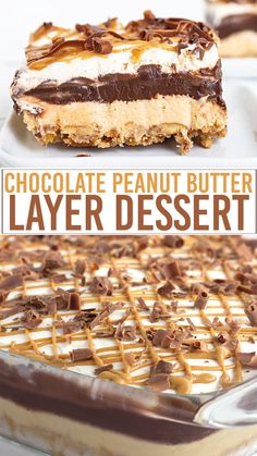 chocolate peanut butter layer dessert with text overlay