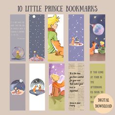 the little prince bookmarks are lined up in different colors and sizes, with illustrations on them