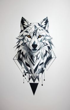 a wolf head made out of triangles on a white background with black and grey accents