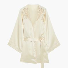 -Silk Satin Robe -Guipure Lace Trims -Detachable Waist Tie -Ties At Waist -88% Silk 12% Polyester -Color: Cream A 3 Is Equivalent To A Us 8 Elegant Beige V-neck Sleepwear, Elegant Beige Sleepwear For Wedding Night, Elegant Cream Sleepwear, Elegant Summer Lace Robe, Elegant Cream Robe For Daywear, Elegant Summer Robe With Lace Trim, Elegant Cream Lace Sleepwear, Elegant Cream Silk Robe, Elegant Fitted Cream Sleepwear