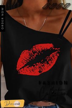 Stylish Lip Printed One Shoulder T-shirt (2 Colors) P15665 Sleeveless Graphic Print Top For Party, Casual Summer Party Tops, Black Graphic Tank Top For Summer, Summer Party Tank Top With Crew Neck, Party Graphic Print Crew Neck Top, Black Summer Party T-shirt, Red Casual T-shirt For Party, Casual Red T-shirt For Party, Red Casual Party T-shirt