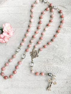 Our Lady's Garden Rosary – House of Joppa Handmade Pink Rosary For Healing, Pink Beaded Spiritual Rosary, Pink Spiritual Jewelry For Blessing, Pink Healing Rosary With 8mm Beads, Pink Rosary, Bronze Centerpiece, Beads Making, St Therese Of Lisieux, Rosary Prayer