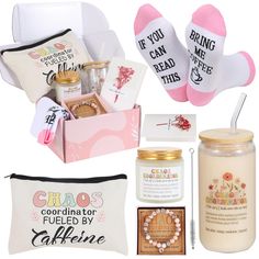 the contents of a gift box including socks, candles, and other items are shown