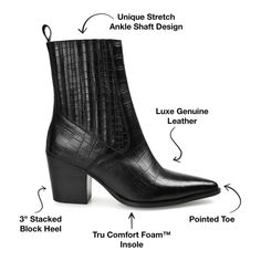 Step into a stylish look with these Journee Signature Markka Tru Comfort Foam women's leather ankle boots.Click this FOOTWEAR GUIDE to find the perfect fit and more! Step into a stylish look with these Journee Signature Markka Tru Comfort Foam women's leather ankle boots. Click this FOOTWEAR GUIDE to find the perfect fit and more! SHOE FEATURES Croco texture detail Stretch shaft design Tru Comfort Foam footbedSHOE CONSTRUCTION Leather upper Fabric lining Manmade outsoleSHOE DETAILS Pointed toe P Womens Leather Ankle Boots, Black Booties, Leather Ankle Boots, Design Elements, Leather Women, Block Heels, Chelsea, Leather Upper, Ankle Boots