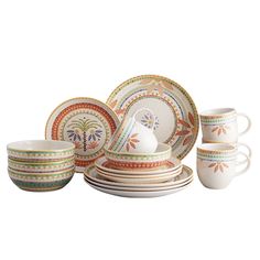 an assortment of dishes and cups with designs on them, including one for the dinner table