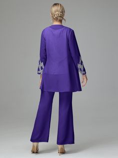 Details:      Fabric: Chiffon; Lace  Neckline: Round Neck  Sleeve Length: Long Sleeves  Embellishment: Sequins  Dress Length: Floor Length   Available in full size range (US0-US30) and in   custom size Embroidered Long Sleeve Purple Palazzo Set, Elegant Purple Long Sleeve Palazzo Set, Dress Pant Suit, White Wisteria, Lace Neckline, Chiffon Long Sleeve, Dress Purchase, Chiffon Lace, Mother Of The Bride Dresses