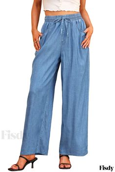 Fisdy - Elegantes pantalones vaqueros de Tencel de pata ancha y cintura con cordón Tencel Denim, Women's Denim Jeans, Black Sky, Loose Trousers, Midi Dress Casual, Jeans Material, Pantalon Large, Straight Leg Trousers, Women Denim Jeans