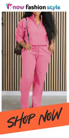 knowfashionstyle Pink Zipper Collar Long Sleeve Sweatshirt And Wide Leg Pants Sportwear Casual Two Pieces Trouser Sets Casual Stretch Plain Sets, Casual Plain Stretch Sets, Casual Solid Color Winter Sets, Casual Long Sleeve Plain Sets, Casual Winter Sets In Solid Color, Casual Solid Sets With Pockets, Casual Solid Color Crew Neck Sets, Casual Long Sleeve Set With Pockets, Casual Leisure Sets With Pockets