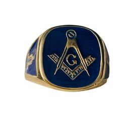 14 K Yellow Gold And Enamel Masonic Ring. Formal Blue Hallmarked Signet Ring, Formal Blue Signet Ring, Luxury Royal Blue Jewelry, Classic Blue Enamel Jewelry, Formal Blue 14k Gold Signet Ring, Blue 14k Stamped Signet Ring For Formal Occasions, Blue Hallmarked Signet Ring, Formal Blue Signet Ring Stamped 14k, Classic Hallmarked Blue Signet Ring