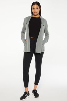 We think this set will really suit you: a blazer-style cardigan with notched lapels, a sweat-wicking legging with a crossover waistband, and a crewneck top in soft rib knit. Casual Stretch Cardigan With Ribbed Cuffs, Solid Stretch Outerwear For Loungewear, Stretch Solid Color Outerwear For Loungewear, Fall Athleisure Activewear With Minimal Stretch, Minimal Stretch Athleisure Activewear For Fall, Sleek Stretch Long Sleeve Outerwear, Casual Fitted Fall Activewear, Versatile Stretch Outerwear With Ribbed Cuffs, Versatile Fitted Blazer