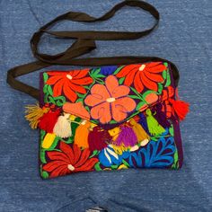 Mexican Handbag Chiapas Zipper Pouch Flowered Bag Embroidery Evening Bag Spring Multicolor Shoulder Bag With Floral Embroidery, Multicolor Floral Embroidered Shoulder Bag For Travel, Multicolor Floral Embroidery Shoulder Bag For Travel, Floral Embroidered Pouch Shoulder Bag For Travel, Multicolor Embroidered Pouch Clutch For Everyday Use, Multicolor Embroidered Travel Pouch, Embroidered Multicolor Travel Pouch, Yellow Embroidered Travel Bag, Bohemian Clutch With Floral Embroidery