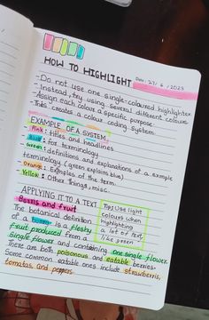 an open notebook with writing on it and the words how to highlight in different colors