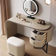 a dressing table with a stool and mirror