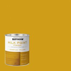 a yellow paint can with the words rustoleum painted on it's side