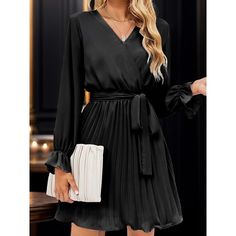 Season:Winter,Fall; Fabric:Satin,Polyester; Sleeve Length:Long Sleeve; Look After Me:Machine wash; Gender:Women's; Style:Modern,Elegant; Elasticity:Micro-elastic; Occasion:Workfashion; Fit Type:Regular Fit; Dresses Type:Black Dress; Pattern:Plain; Design:Pleated; Neckline:V Neck; Sleeve Type:Flared Sleeve; Front page:FF; Listing Date:09/06/2024; Special selected products:Clearance; Dress Length Type:Mini Dress; Print Type:non-printing Black Dress Elegant, Black Dresses Online, Pleated Neckline, Red Fall, Work Dresses For Women, Dress Pleated, Mini Robes, Work Dress, Fall Fabric