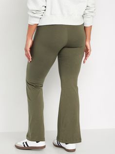 elasticized waist pull-on style online exclusive sits at belly button fitted hip and thigh flare leg models are approx.  5'9" and wear sizes s (4), l (12) and xl (18) Casual Flare Bottoms With Comfort Stretch, High Waisted Flares, Flare Leggings, Petite Size, Belly Button, Women's Leggings, Old Navy, Layering, High Waisted