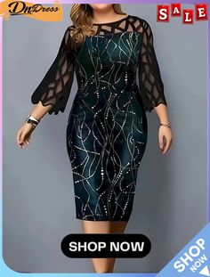 Women's Plus Size Curve Party Dress Lace Dress Bodycon Sheath Dress Color Block Midi Dress 3\/4 Length Sleeve Lace Patchwork Crew Neck Fashion Party Green Fall Winter Mesh Panel Dress, Womens Prom Dresses, Sequin Evening Dresses, Birthday Party Dress, Midi Dress Summer, Mesh Panel, Plus Size Dress, Cocktail Party, Plus Size Dresses