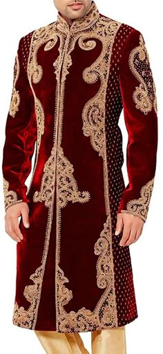 Traditional look jodhpuri designer sherwani 2 Pc (Jacket, Pyjama) made from maroon color velvet fabric. Golden hand embroidered as shown. It has bottom as chudidar made from dupion silk fabric in matching color. Care Instructions : Dry Clean Only Velvet Sherwani, Party Wear Blazers, Sherwani For Groom, Ethenic Wear, Sherwani For Men Wedding, Eastern Wear, Evening Reception, Arabian Dress, Indian Groom Wear