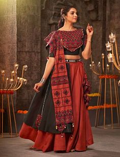 Navratri Lehenga, Garba Dress, Orange Lehenga, Mirror Work Lehenga, Cotton Blouse Design, Navratri Dress, Cotton Lehenga, Navratri Festival, Navratri Chaniya Choli