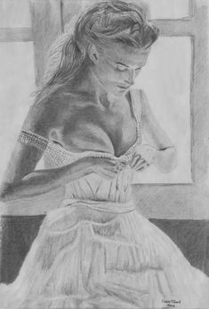 a pencil drawing of a woman in a dress looking down at her arm and shoulder