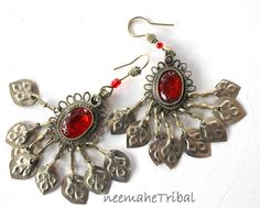 Vintage Oriental Boho Hippie Tribal Earrings with Leaf-Shaped Dangles and Big Red Plastic Jewels Complete Length 10 cm / 3.93 " Weight 8 g Red Handmade Dangle Earrings, Red Handmade Dangle Danglers, Red Metal Earrings With Latkans, Red Bohemian Chandelier Earrings Nickel-free, Red Metal Earrings For Festivals, Red Bohemian Chandelier Earrings For Pierced Ears, Red Bohemian Chandelier Earrings, Red Dangle Danglers With Latkans, Red Teardrop Earrings For Festival