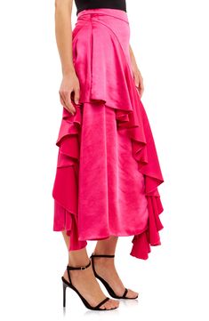 Luscious ruffles accent this flowy maxi skirt elevated in rich satin. 95% polyester, 5% spandex Hand wash, dry flat Imported Summer Satin Tiered Skirt, Spring Satin Skirt With Ruffles, Chic Satin Tiered Skirt, Pink Tiered Ruffle Maxi Skirt, Summer Satin Maxi Bottoms, Spring Satin Ruffled Skirt, Silk Ruffle Skirt For Evening, Elegant Ruffled Flared Maxi Skirt, Evening Silk Skirt With Ruffles