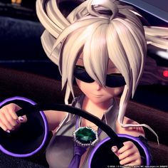 an animated woman driving a car with a green jewel in her hand and black sunglasses