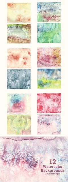 twelve watercolor backgrounds with different colors and textures for each one's background, including the