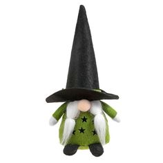 a stuffed toy with a black hat and green outfit on it's head, sitting in front of a white background