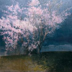 a painting of a tree with pink flowers in the foreground and dark clouds in the background