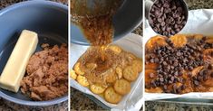 three pictures showing different stages of making cookies and desserts in the same pan, including batter being poured on top