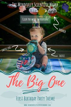 a baby sitting on top of a blanket holding a cake in front of the caption that reads, the big one first birthday party theme