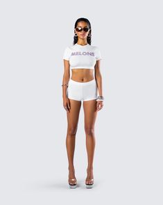 What's your favorite fruit? 😏 You'll be lookin extra ripe in this cheeky two-piece set featuring a white rhinestone graphic top paired with matching mini shorts 🍉🍑 White Summer Short Set, White Crop Top For Summer Loungewear, Trendy Short Crop Top For Loungewear, White Fitted Short Crop Top, Trendy Short Length Crop Top For Loungewear, Trendy Loungewear Crop Top, White Short Crop Top For Summer, White Fitted Casual Short Set, Casual White Fitted Short Set