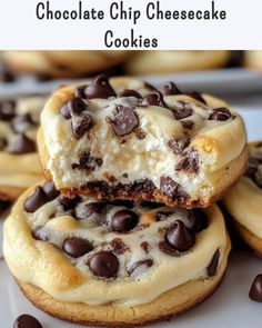 chocolate chip cheesecake cookies stacked on top of each other with the title in the middle