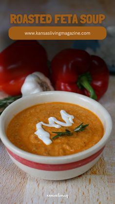 roasted feta soup in a red and white bowl