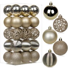 an assortment of christmas ornaments in gold and silver