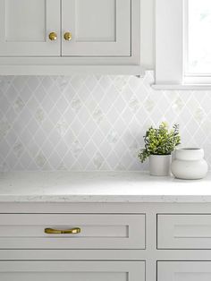 a kitchen with white cabinets and gold pulls on the cupboards next to a potted plant