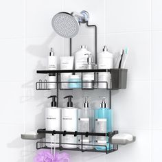 a bathroom shelf with soap, lotion and other personal care items on it in front of a white tiled wall