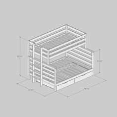 the bunk bed frame is shown with measurements for each side and bottom drawers on top