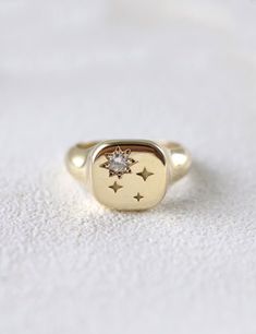 Gold Signet Ring With Diamond, Star Diamond Ring, Celestial Ring - Etsy Signet Ring With Diamond, Star Diamond Ring, Celestial Rings, Celestial Ring, Diamond Signet Ring, Signet Rings, Wave Ring, Gold Signet Ring, Ring With Diamond