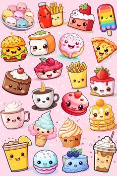 an assortment of cartoon food and drinks on a pink background