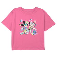 Who knew that dressing "mousey" could be so cute!? Celebrate Walt Disney's most iconic character with fun new officially licensed Mickey and Friends apparel for the whole family! This Girls' Mickey and Friends Retro '80s Minnie and Mickey Mouse Graphic Cropped T-Shirt features a large graphic of Mickey and Minnie looking extra-cool in colorful pastel '80s-inspired outfits across the front. Whether you're a super fan, or just looking for a unique 'fit for a trip to the Disney parks, these all-new Trendy T-shirt With Character Print For Disney Fan Events, Disney Minnie Mouse Pink T-shirt, Pink Disney Cotton T-shirt, Cute Pink Minnie Mouse T-shirt, Disney T-shirt For Fan Events In Spring, Retro Pink T-shirt With Cartoon Print, Pink Minnie Mouse T-shirt For Disney Fan Events, Spring Mickey Mouse Crew Neck T-shirt, Disney T-shirt For Summer Fan Events