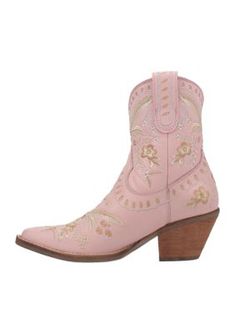 She wears flowers in her hair and flowers on her boots. The #Primrose is Dingo1969's take on boho vibes. Soft wearable leather, pretty embroidered flowers and lacing detail make the #Primrose ready for the garden party, the festival and nights on Lower Broadway. Kick your style up a notch. #Primrose #beautyandtheboot | DINGO 1969 Women's Primrose Leather Bootie, Pink, 9M Floral Embroidered Boots For Spring Festival, Floral Embroidery Boots For Spring Festival, Embroidered Western Summer Boots, Western Embroidered Boots For Summer, Embroidered Western Boots For Summer, Embroidered Boots For Spring Festivals, Spring Festival Embroidered Boots, Bohemian Style Boots For Spring, Western Boots With Floral Print For Fall