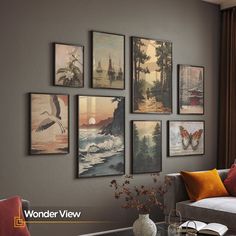 a living room filled with furniture and pictures on the wall