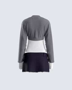 The perfect blend of edgy, and chic - this trio really is a whole moment 👏 Featuring a white plisse long sleeve top, a grey sweater cardigan, and a navy twill mini skirt 🖤 Chic Cropped Sweater For Fall, Trendy Long Sleeve Cropped Sweater For Night Out, Trendy Cropped Sweater For Fall Night Out, Trendy Cropped Sweater For Night Out In Fall, Long Sleeve Cropped Sweater For Spring Night Out, Long Sleeve Cropped Sweater For Night Out In Spring, Trendy Cropped Sweater For Night Out In Winter, Trendy Cropped Sweater For Winter Nights, Trendy Long Sleeve Cropped Sweater For Work