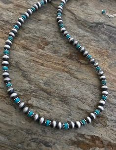 Sterling Silver Turquoise Bead Necklace. 22 inch Artisan Silver Turquoise Necklace With Spacer Beads, Southwestern Beaded Round Turquoise Necklace, Southwestern Beaded Turquoise Necklace, Southwestern Single Strand Jewelry With Round Beads, Turquoise Single Strand Southwestern Jewelry, Artisan Turquoise Necklace With Silver Beads, Southwestern Style Single Strand Round Beads Jewelry, Turquoise Necklace With Round Silver Beads, Southwestern Turquoise Necklace With Spacer Beads