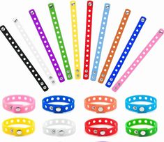 8.27"/21.01cm Rubber Wristbands With 12 Holes For Croc charms / jibbitz Metal button to fasten. Great quality. *charms not included 🔥£2.48 each🔥 💸offers available for bulk buys. Please message me ✨️ For the love of crocs...start collecting! Party Favors For Adults, Sports Bracelet, Flower Shoes, Silicone Bracelets, Croc Charms, Decorated Shoes, Band Bracelet, Diy Shoes, Shoe Clips